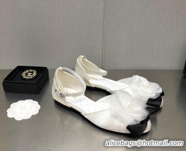 Discount Chanel Silk Mary Janes Flats with Camellia White 090823