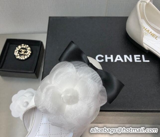 Discount Chanel Silk Mary Janes Flats with Camellia White 090823