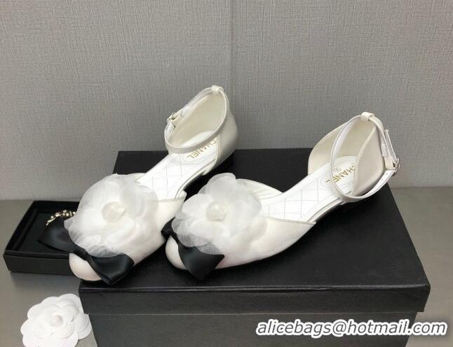 Discount Chanel Silk Mary Janes Flats with Camellia White 090823