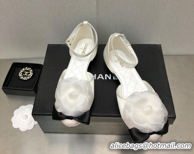 Discount Chanel Silk Mary Janes Flats with Camellia White 090823