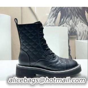 Grade Quality Chanel Quilted Leather Lace-up Ankle Boots Black 090827