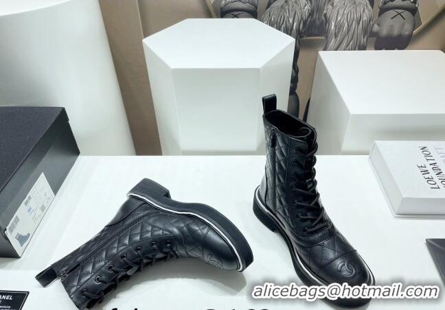 Grade Quality Chanel Quilted Leather Lace-up Ankle Boots Black 090827