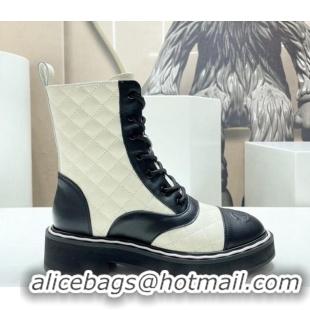 Pretty Style Chanel Quilted Leather Lace-up Ankle Boots Black/White 090828