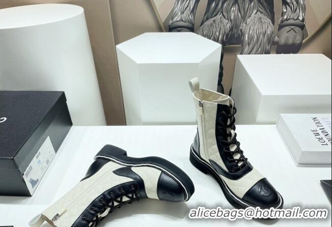 Pretty Style Chanel Quilted Leather Lace-up Ankle Boots Black/White 090828