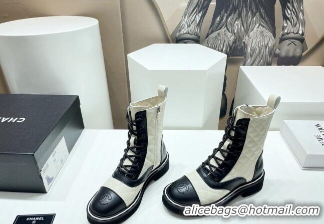 Pretty Style Chanel Quilted Leather Lace-up Ankle Boots Black/White 090828