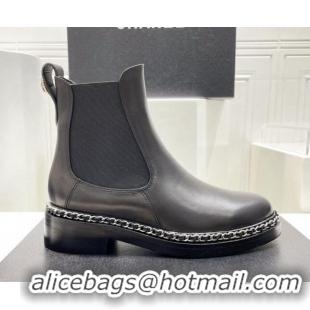 Good Looking Chanel Calfskin Chelsea Ankle Boots with Chain Black 090830