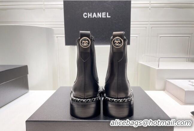 Good Looking Chanel Calfskin Chelsea Ankle Boots with Chain Black 090830