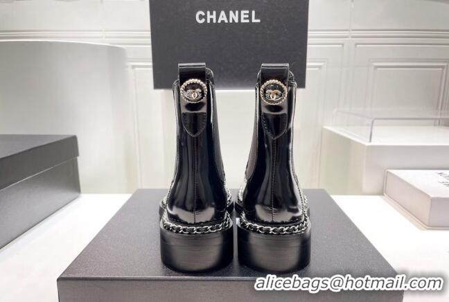 Purchase Chanel Patent Leather Chelsea Ankle Boots with Chain Black 090831