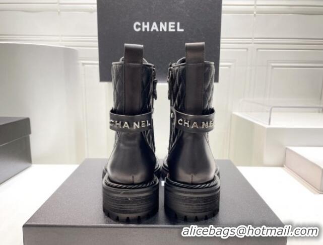 Best Price Chanel Quilted Calfskin Lace-up Ankle Boots with Logo Band Black 090832