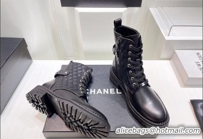 Best Price Chanel Quilted Calfskin Lace-up Ankle Boots with Logo Band Black 090832