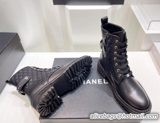 Best Price Chanel Quilted Calfskin Lace-up Ankle Boots with Logo Band Black 090832