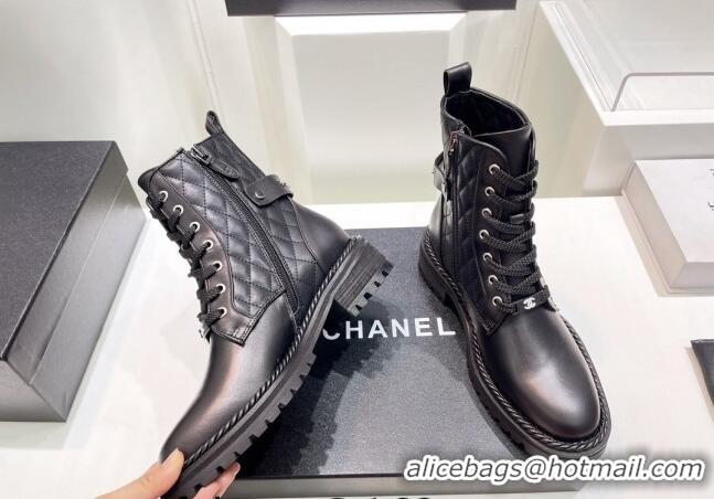 Best Price Chanel Quilted Calfskin Lace-up Ankle Boots with Logo Band Black 090832