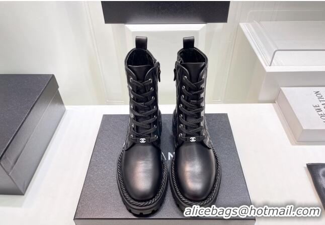 Best Price Chanel Quilted Calfskin Lace-up Ankle Boots with Logo Band Black 090832