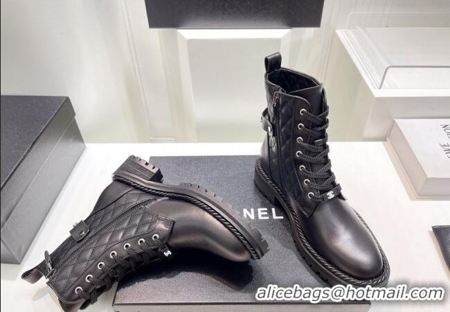 Best Price Chanel Quilted Calfskin Lace-up Ankle Boots with Logo Band Black 090832