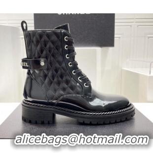 Youthful Chanel Patent Leather Lace-up Ankle Boots with Logo Band Black 090833