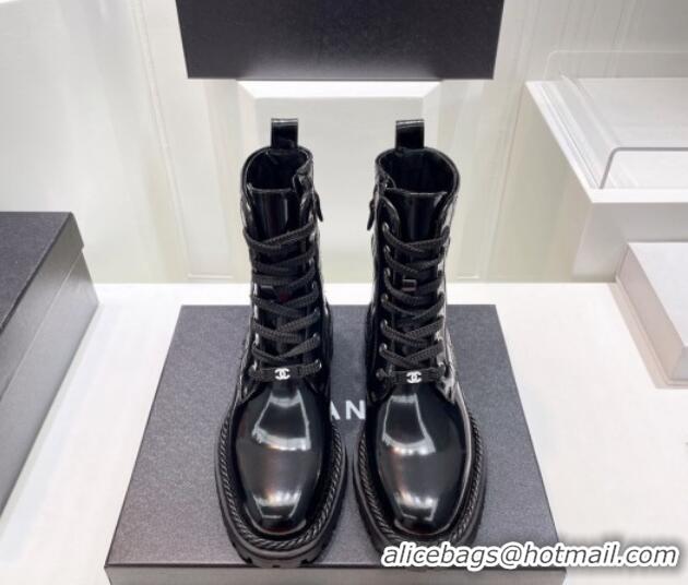 Youthful Chanel Patent Leather Lace-up Ankle Boots with Logo Band Black 090833