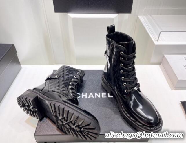 Youthful Chanel Patent Leather Lace-up Ankle Boots with Logo Band Black 090833