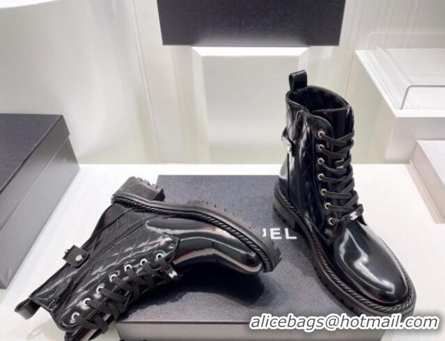 Youthful Chanel Patent Leather Lace-up Ankle Boots with Logo Band Black 090833