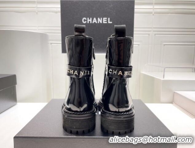 Youthful Chanel Patent Leather Lace-up Ankle Boots with Logo Band Black 090833