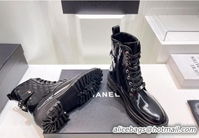 Youthful Chanel Patent Leather Lace-up Ankle Boots with Logo Band Black 090833