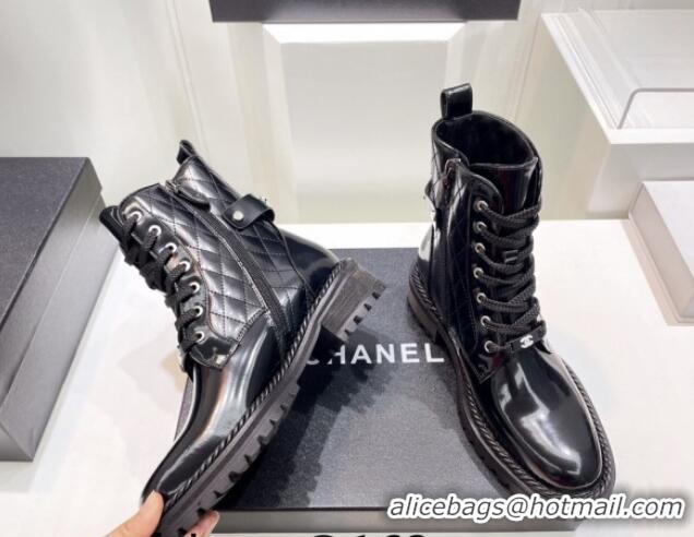 Youthful Chanel Patent Leather Lace-up Ankle Boots with Logo Band Black 090833