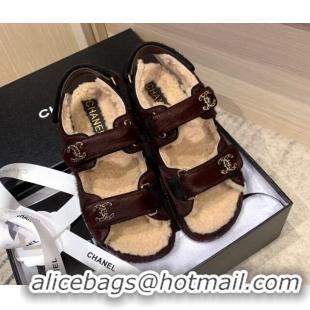 Unique Style Chanel Fur and Shearling Flat Strap Sandals G35927 Burgundy