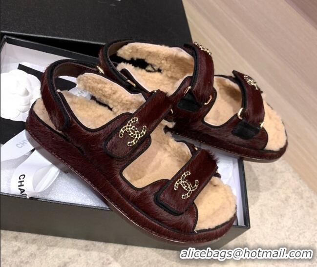 Unique Style Chanel Fur and Shearling Flat Strap Sandals G35927 Burgundy