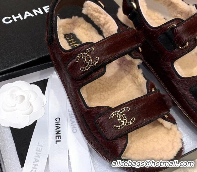 Unique Style Chanel Fur and Shearling Flat Strap Sandals G35927 Burgundy