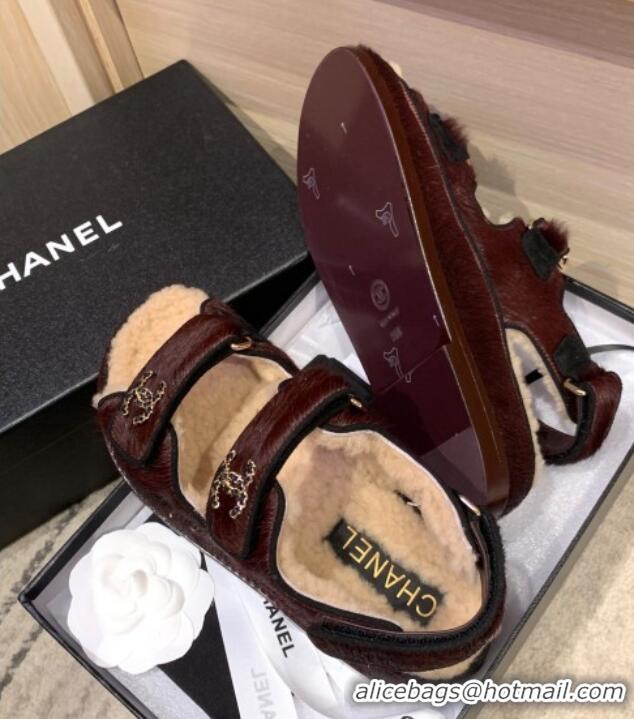 Unique Style Chanel Fur and Shearling Flat Strap Sandals G35927 Burgundy