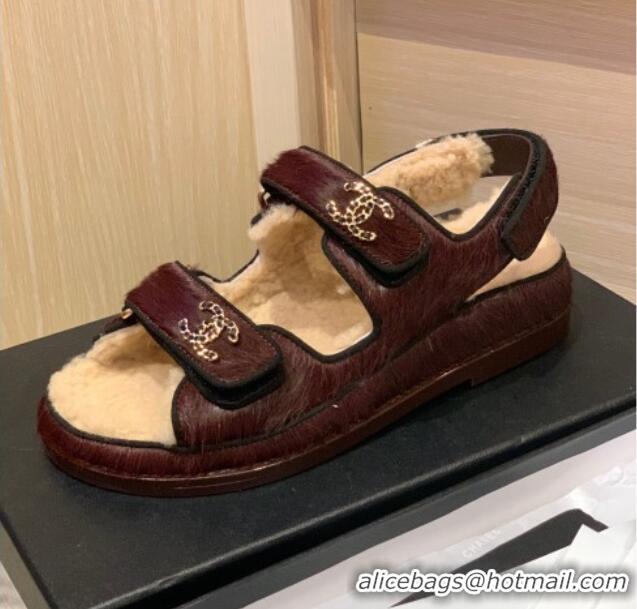 Unique Style Chanel Fur and Shearling Flat Strap Sandals G35927 Burgundy