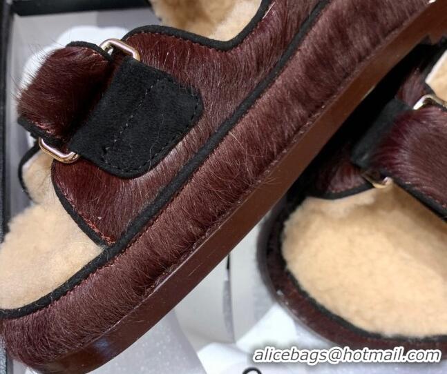 Unique Style Chanel Fur and Shearling Flat Strap Sandals G35927 Burgundy