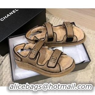 Stylish Chanel Fur and Shearling Flat Strap Sandals G35927 Light Brown