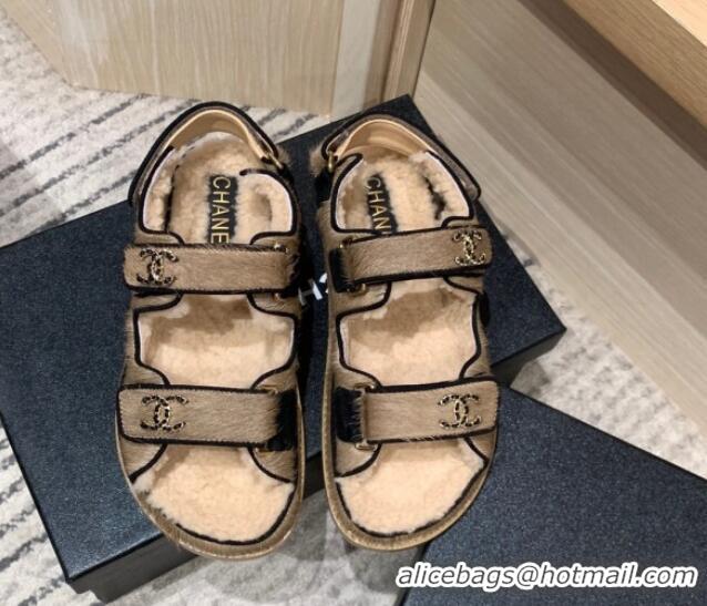 Stylish Chanel Fur and Shearling Flat Strap Sandals G35927 Light Brown