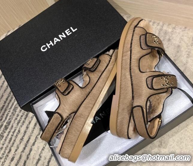 Stylish Chanel Fur and Shearling Flat Strap Sandals G35927 Light Brown