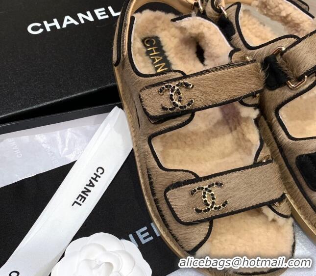 Stylish Chanel Fur and Shearling Flat Strap Sandals G35927 Light Brown