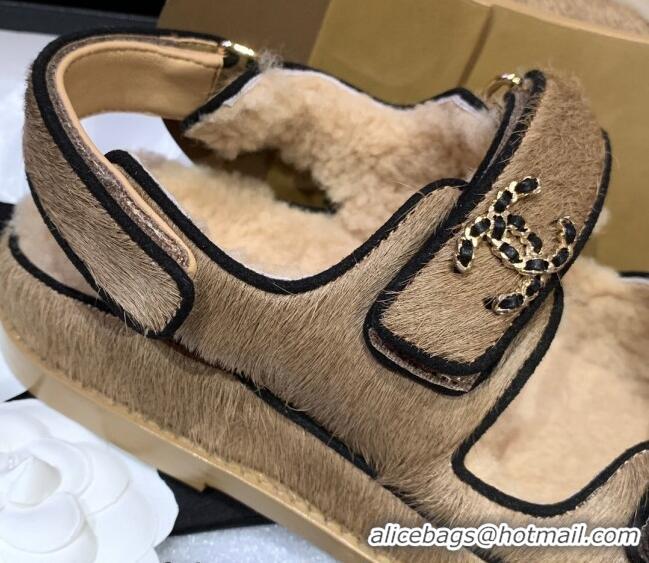 Stylish Chanel Fur and Shearling Flat Strap Sandals G35927 Light Brown