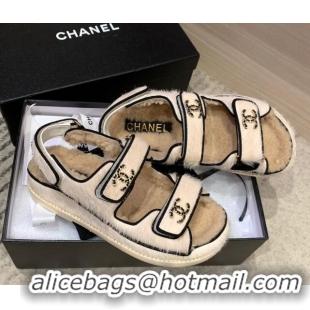 Good Quality Chanel Fur and Shearling Flat Strap Sandals G35927 White