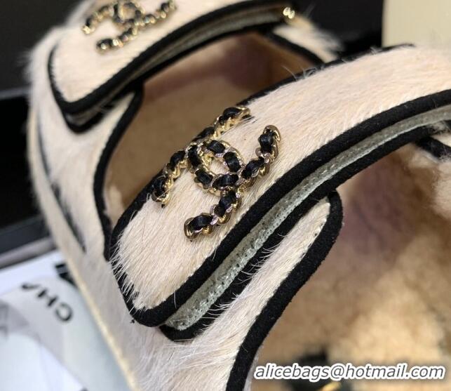 Good Quality Chanel Fur and Shearling Flat Strap Sandals G35927 White