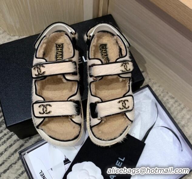 Good Quality Chanel Fur and Shearling Flat Strap Sandals G35927 White