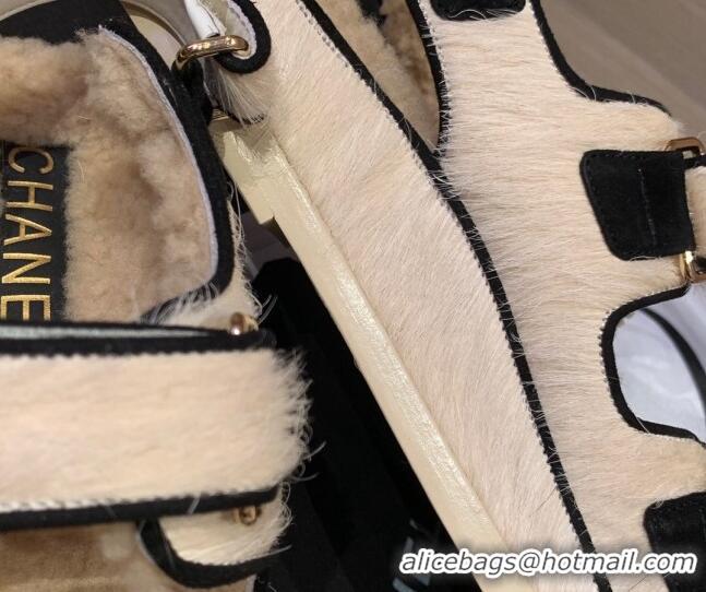 Good Quality Chanel Fur and Shearling Flat Strap Sandals G35927 White