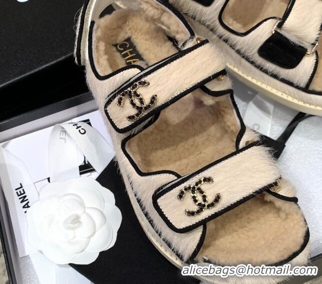 Good Quality Chanel Fur and Shearling Flat Strap Sandals G35927 White