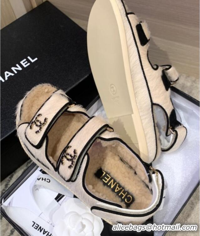 Good Quality Chanel Fur and Shearling Flat Strap Sandals G35927 White