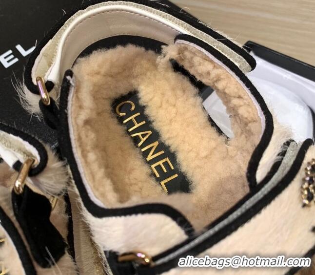 Good Quality Chanel Fur and Shearling Flat Strap Sandals G35927 White