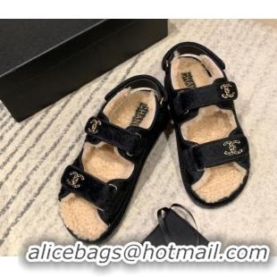 Sumptuous Chanel Fur and Shearling Flat Strap Sandals G35927 Black