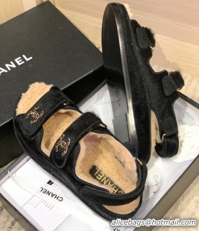 Sumptuous Chanel Fur and Shearling Flat Strap Sandals G35927 Black