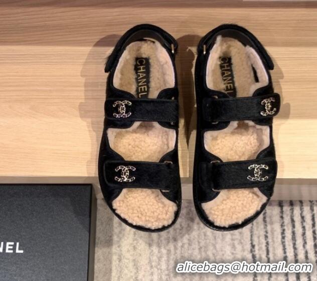 Sumptuous Chanel Fur and Shearling Flat Strap Sandals G35927 Black