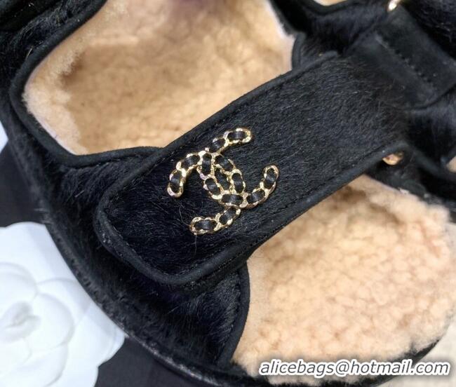 Sumptuous Chanel Fur and Shearling Flat Strap Sandals G35927 Black