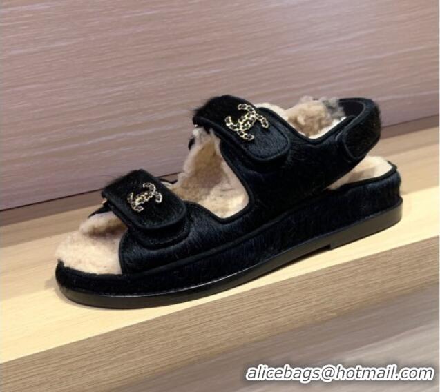 Sumptuous Chanel Fur and Shearling Flat Strap Sandals G35927 Black