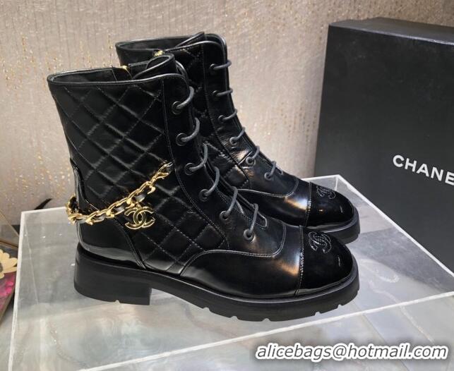 Good Quality Chanel Quilted Calfskin Ankle Boots with Chain Black 092111