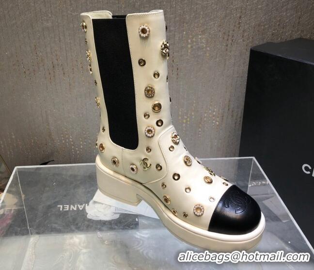 Grade Quality Chanel Calfskin Ankle Boots with Charm Allover White 092113